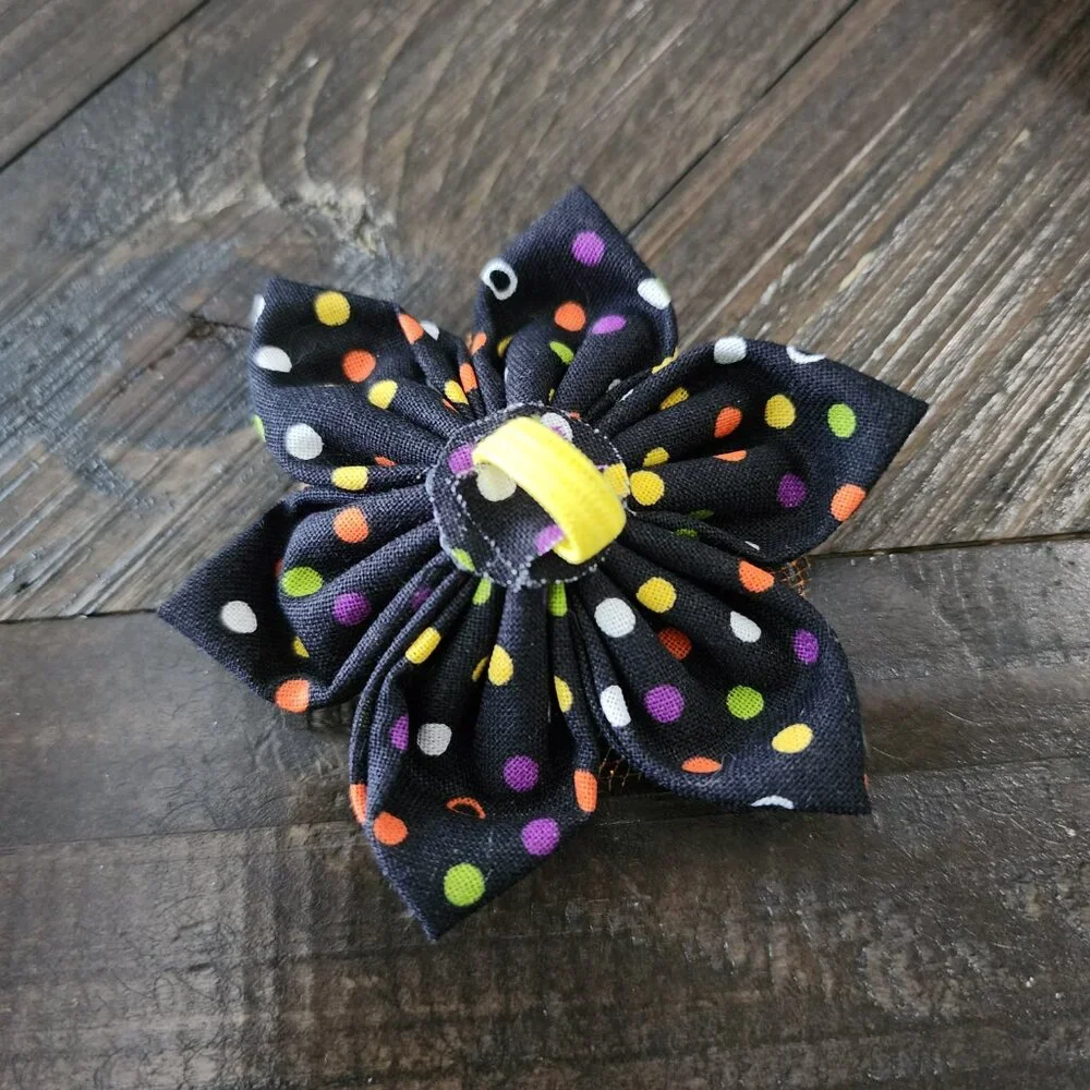 NWOT Hand Crafted Halloween Polka Dots Pumpkins Flower Pet Bow Small Dog or Cat